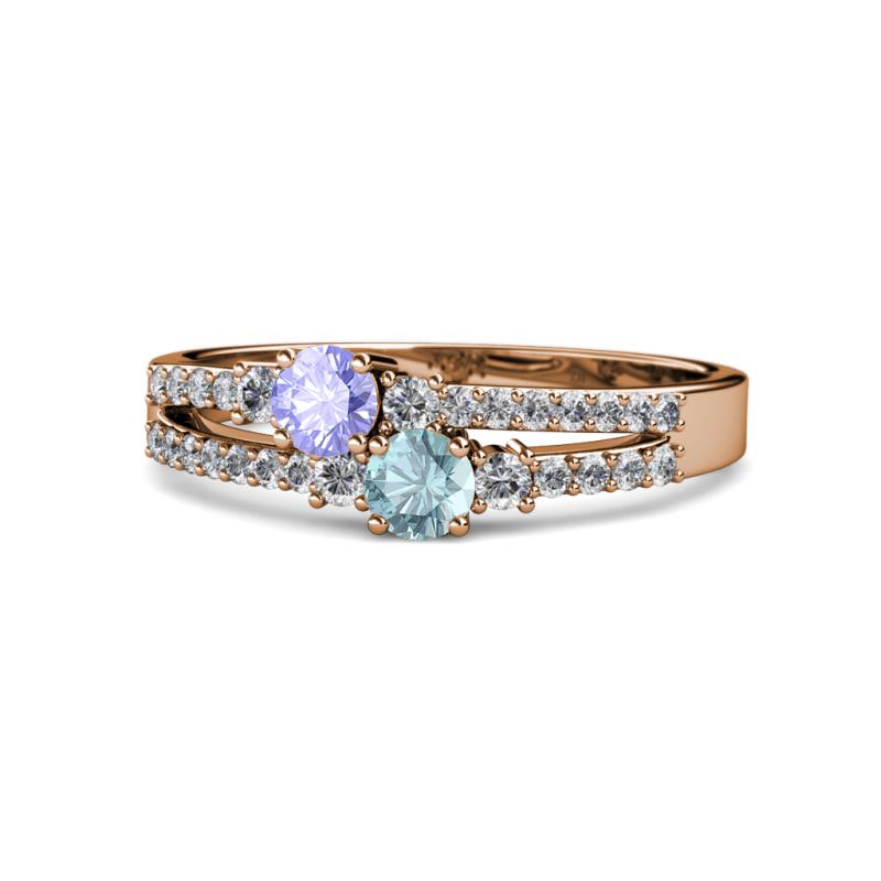 Zaira Tanzanite and Aquamarine with Side Diamonds Split Shank Ring 