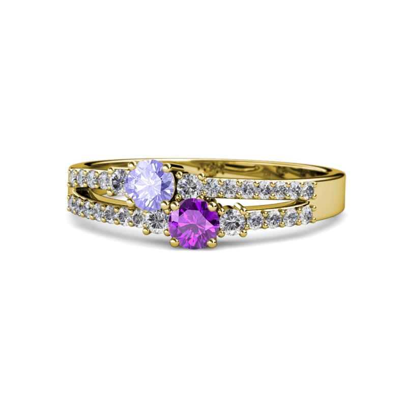 Zaira Tanzanite and Amethyst with Side Diamonds Split Shank Ring 