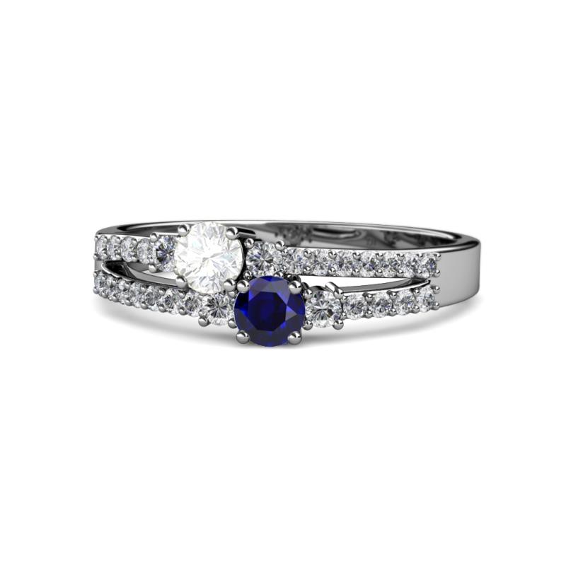 Zaira White and Blue Sapphire with Side Diamonds Split Shank Ring 