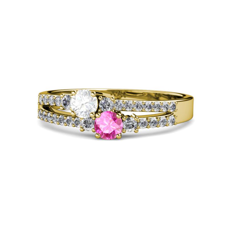 Zaira White and Pink Sapphire with Side Diamonds Split Shank Ring 