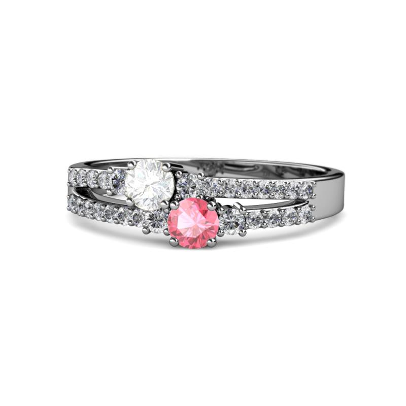 Zaira White Sapphire and Pink Tourmaline with Side Diamonds Split Shank Ring 