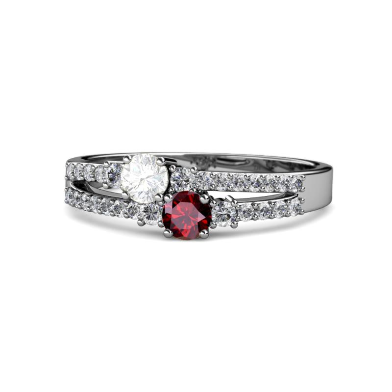 Zaira White Sapphire and Ruby with Side Diamonds Split Shank Ring 