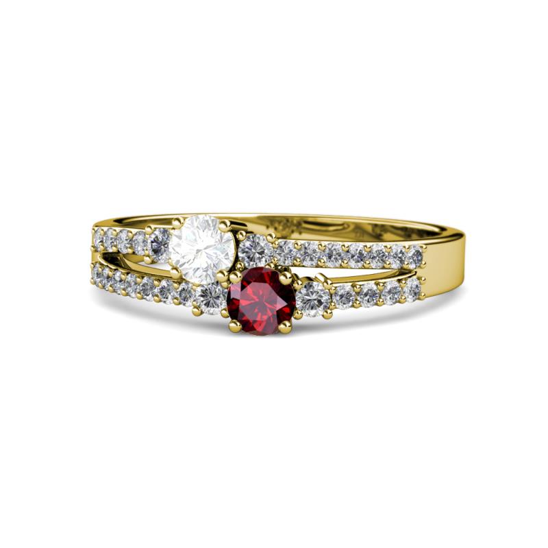 Zaira White Sapphire and Ruby with Side Diamonds Split Shank Ring 