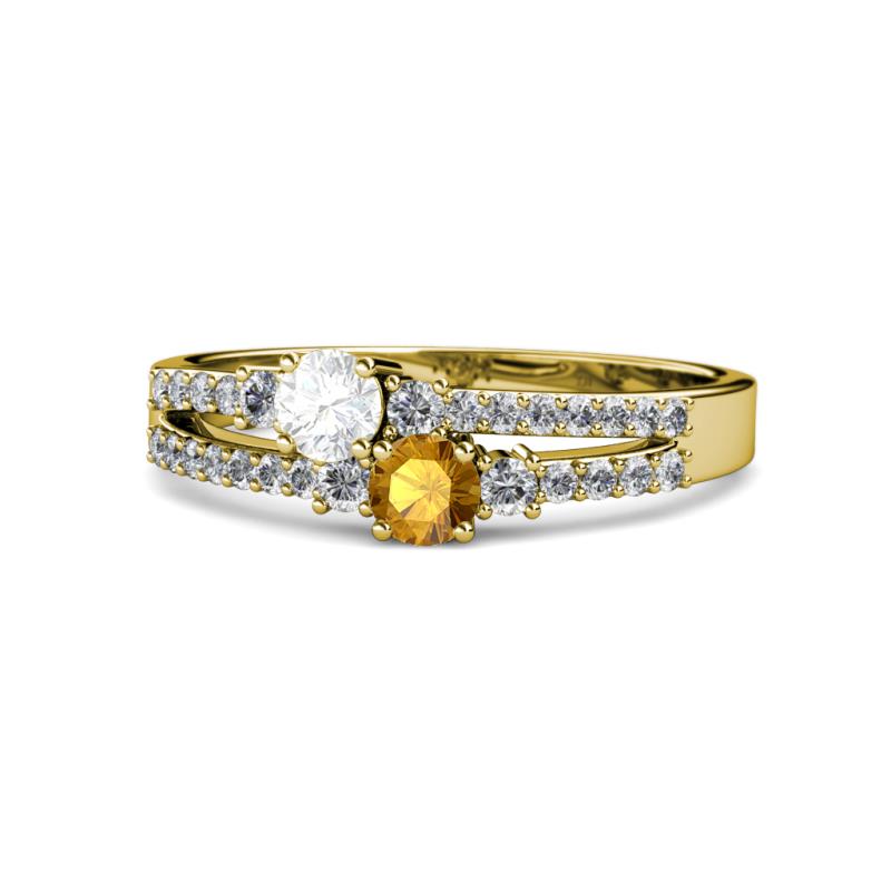 Zaira White Sapphire and Citrine with Side Diamonds Split Shank Ring 