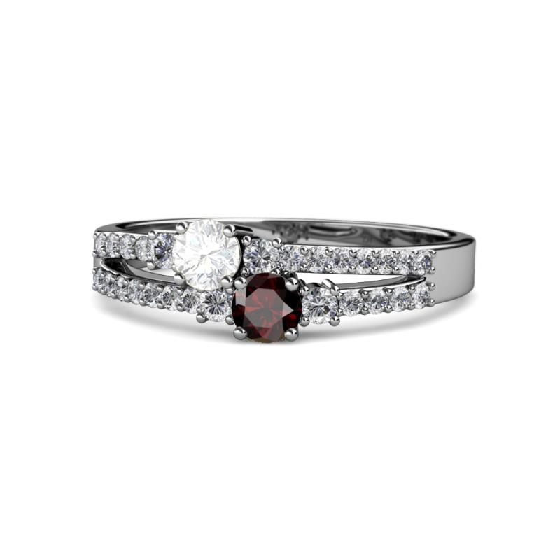 Zaira White Sapphire and Red Garnet with Side Diamonds Split Shank Ring 