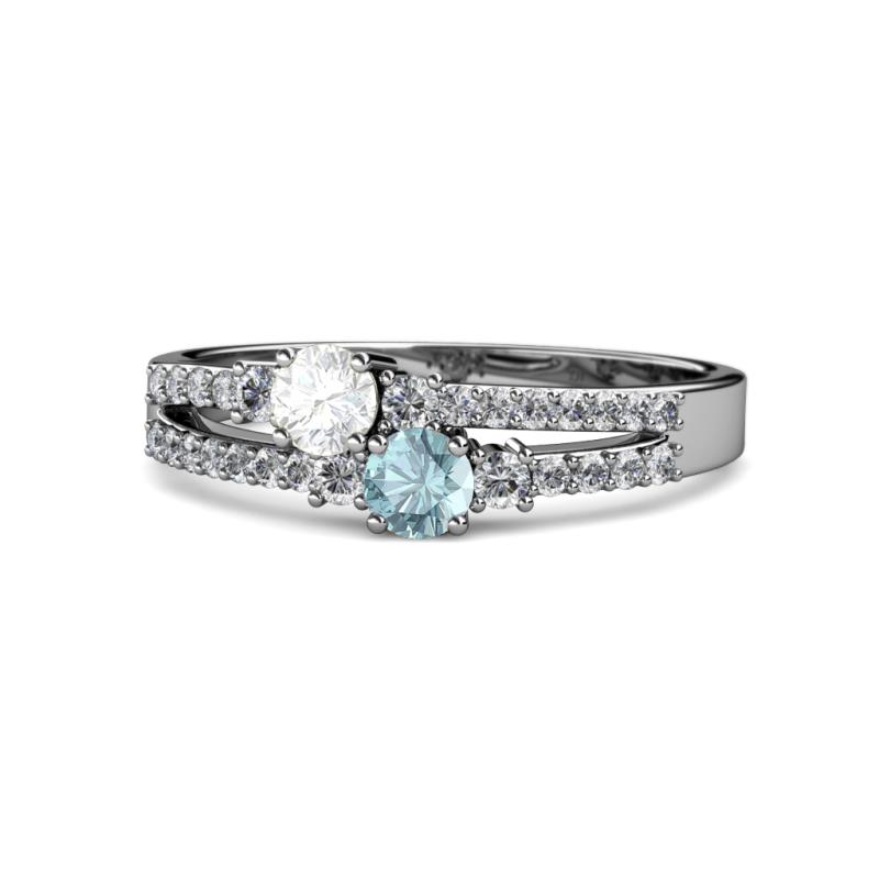 Zaira White Sapphire and Aquamarine with Side Diamonds Split Shank Ring 