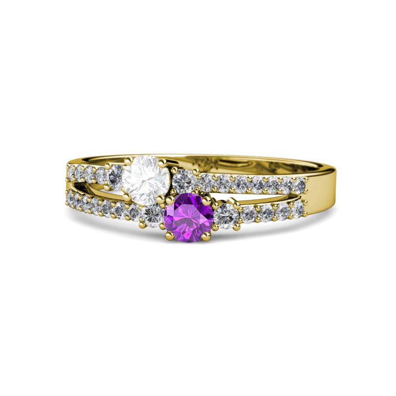 Zaira White Sapphire and Amethyst with Side Diamonds Split Shank Ring 