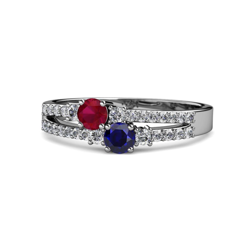 Zaira Ruby and Blue Sapphire with Side Diamonds Split Shank Ring 