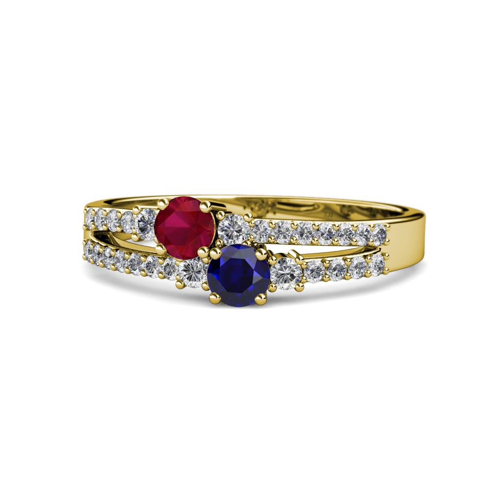 Zaira Ruby and Blue Sapphire with Side Diamonds Split Shank Ring 