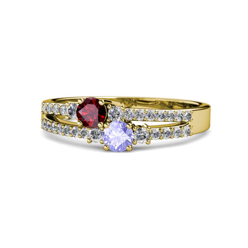 Zaira Ruby and Tanzanite with Side Diamonds Split Shank Ring 