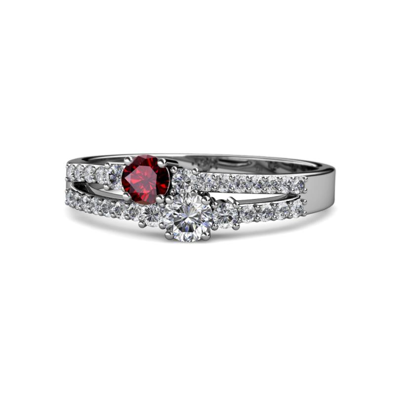 Zaira Ruby and Diamond with Side Diamonds Split Shank Ring 