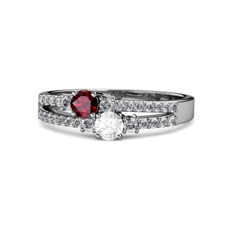 Zaira Ruby and White Sapphire with Side Diamonds Split Shank Ring 