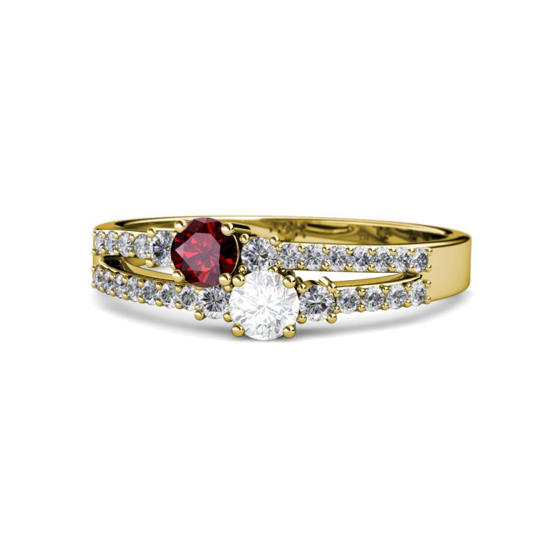 Zaira Ruby and White Sapphire with Side Diamonds Split Shank Ring 