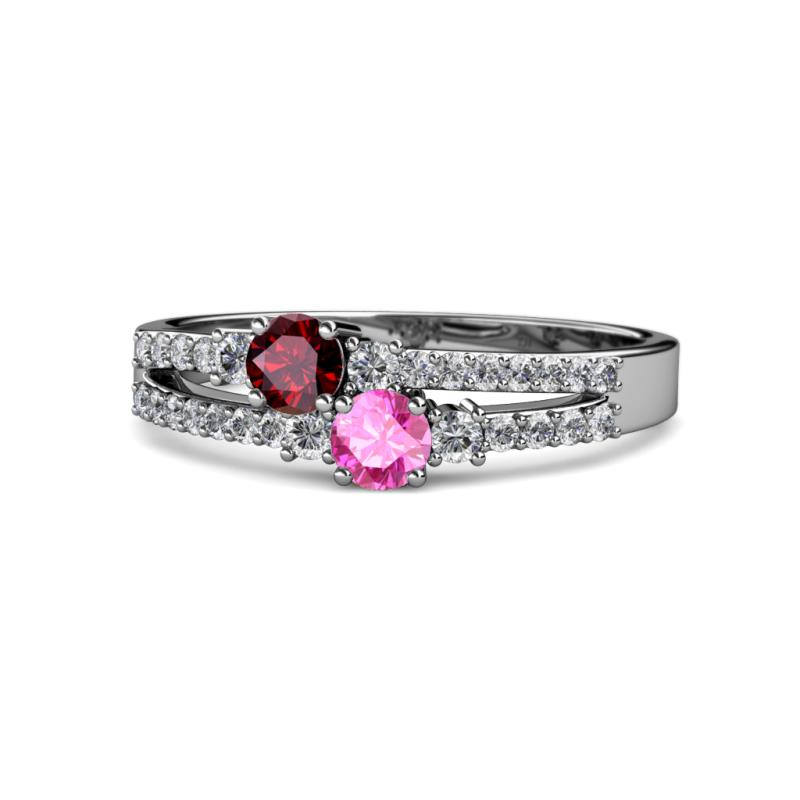 Zaira Ruby and Pink Sapphire with Side Diamonds Split Shank Ring 