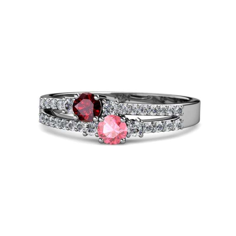 Zaira Ruby and Pink Tourmaline with Side Diamonds Split Shank Ring 
