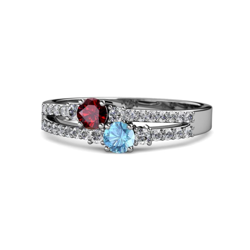 Zaira Ruby and Blue Topaz with Side Diamonds Split Shank Ring 