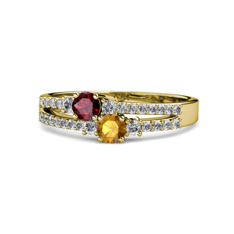 Zaira Ruby and Citrine with Side Diamonds Split Shank Ring 