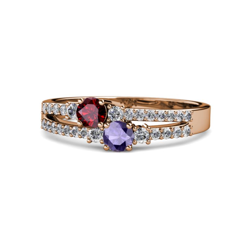 Zaira Ruby and Iolite with Side Diamonds Split Shank Ring 