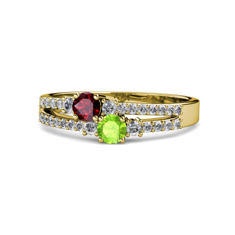 Zaira Ruby and Peridot with Side Diamonds Split Shank Ring 