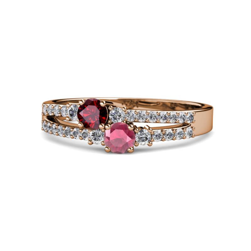 Zaira Ruby and Rhodolite Garnet with Side Diamonds Split Shank Ring 