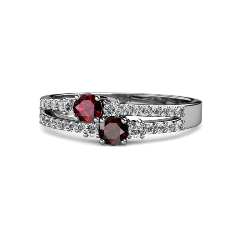 Zaira Ruby and Red Garnet with Side Diamonds Split Shank Ring 