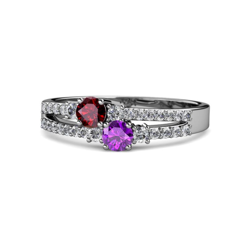 Zaira Ruby and Amethyst with Side Diamonds Split Shank Ring 