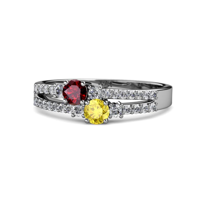 Zaira Ruby and Yellow Sapphire with Side Diamonds Split Shank Ring 