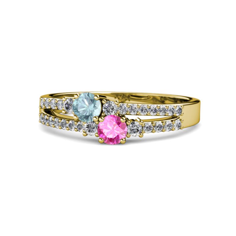 Zaira Aquamarine and Pink Sapphire with Side Diamonds Split Shank Ring 