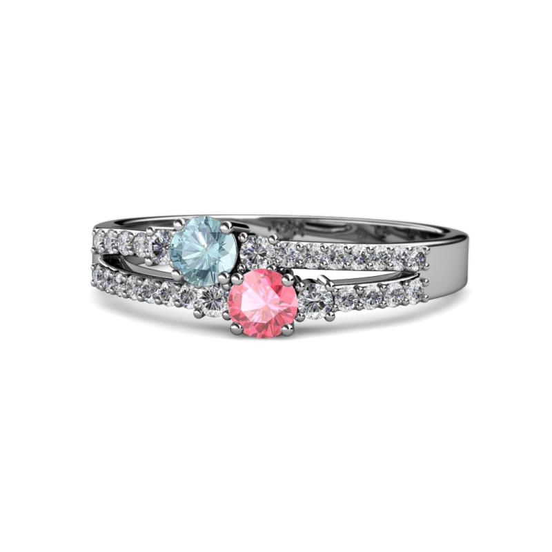 Zaira Aquamarine and Pink Tourmaline with Side Diamonds Split Shank Ring 