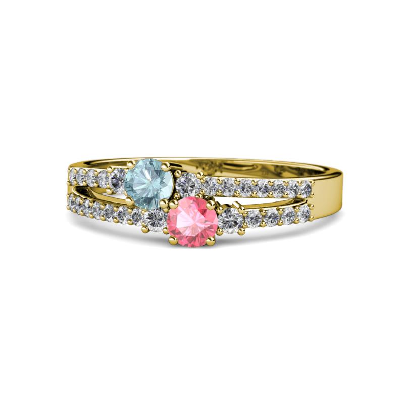 Zaira Aquamarine and Pink Tourmaline with Side Diamonds Split Shank Ring 