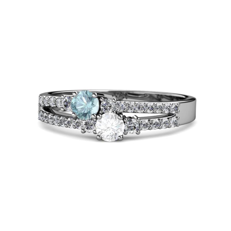 Zaira Aquamarine and White Sapphire with Side Diamonds Split Shank Ring 