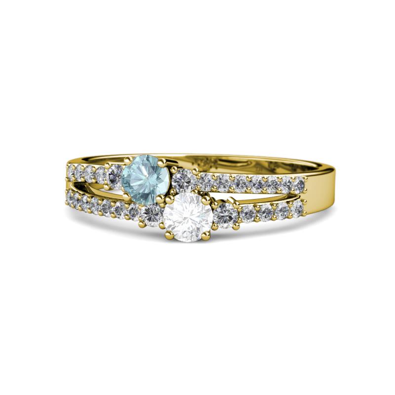 Zaira Aquamarine and White Sapphire with Side Diamonds Split Shank Ring 