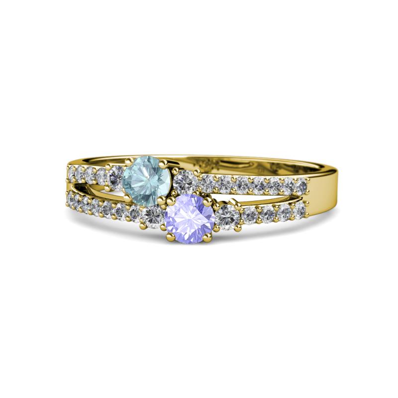 Zaira Aquamarine and Tanzanite with Side Diamonds Split Shank Ring 