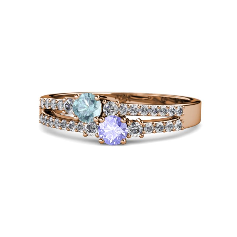 Zaira Aquamarine and Tanzanite with Side Diamonds Split Shank Ring 