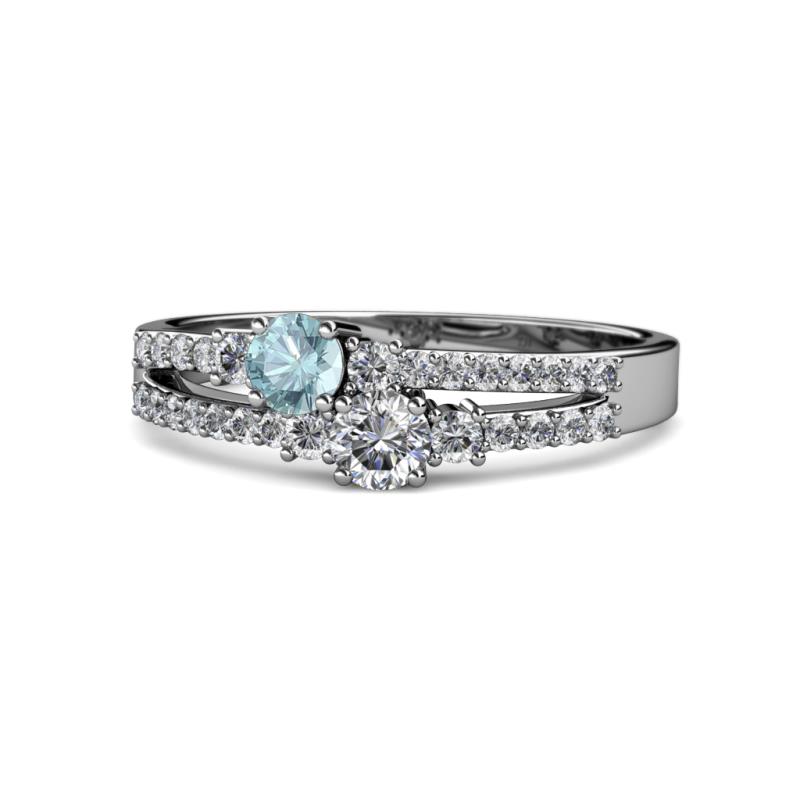 Zaira Aquamarine and Diamond with Side Diamonds Split Shank Ring 