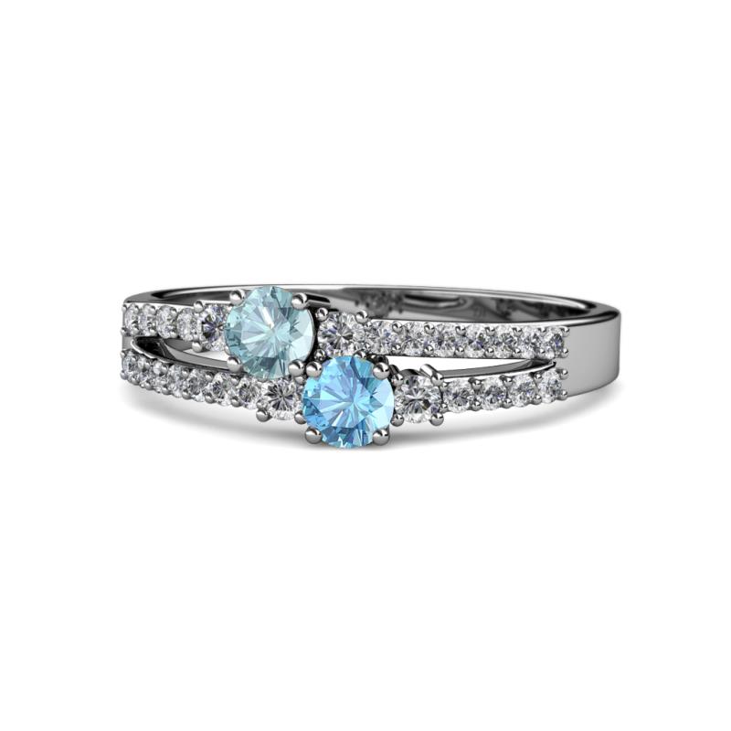 Zaira Aquamarine and Blue Topaz with Side Diamonds Split Shank Ring 