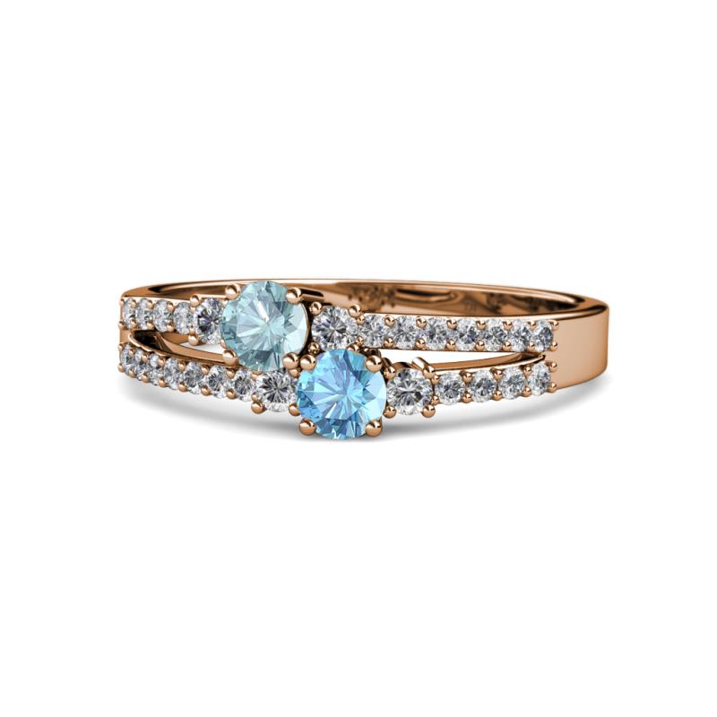 Zaira Aquamarine and Blue Topaz with Side Diamonds Split Shank Ring 