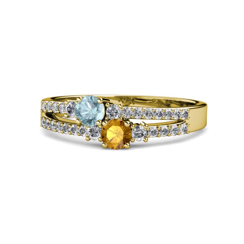 Zaira Aquamarine and Citrine with Side Diamonds Split Shank Ring 