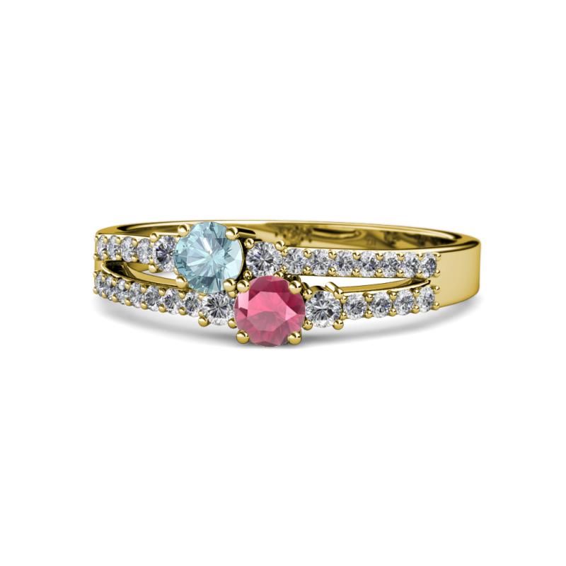 Zaira Aquamarine and Rhodolite Garnet with Side Diamonds Split Shank Ring 