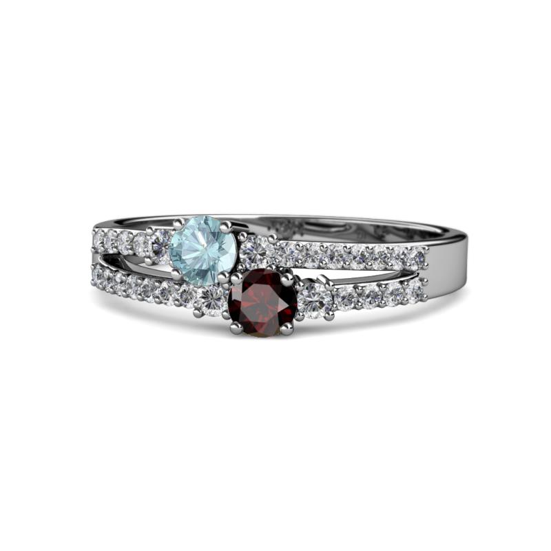 Zaira Aquamarine and Red Garnet with Side Diamonds Split Shank Ring 