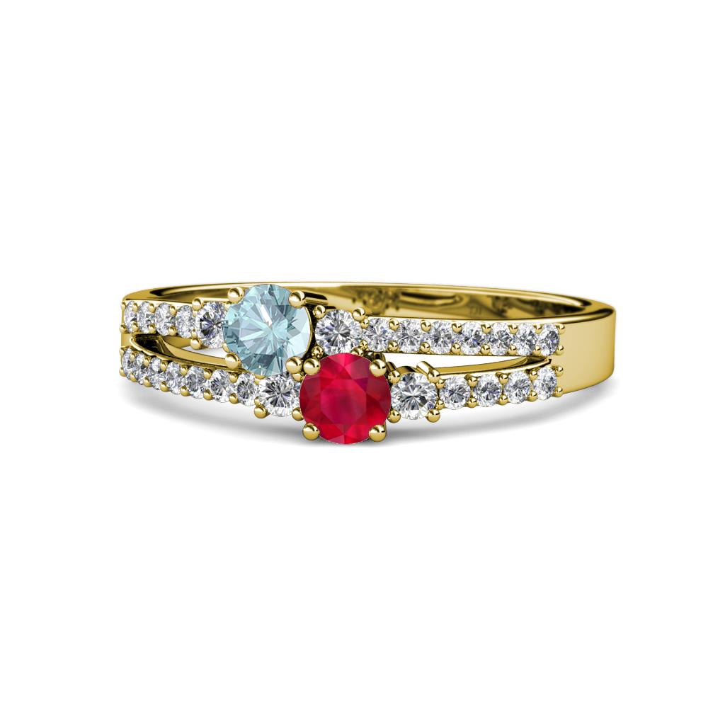 Zaira Aquamarine and Ruby with Side Diamonds Split Shank Ring 