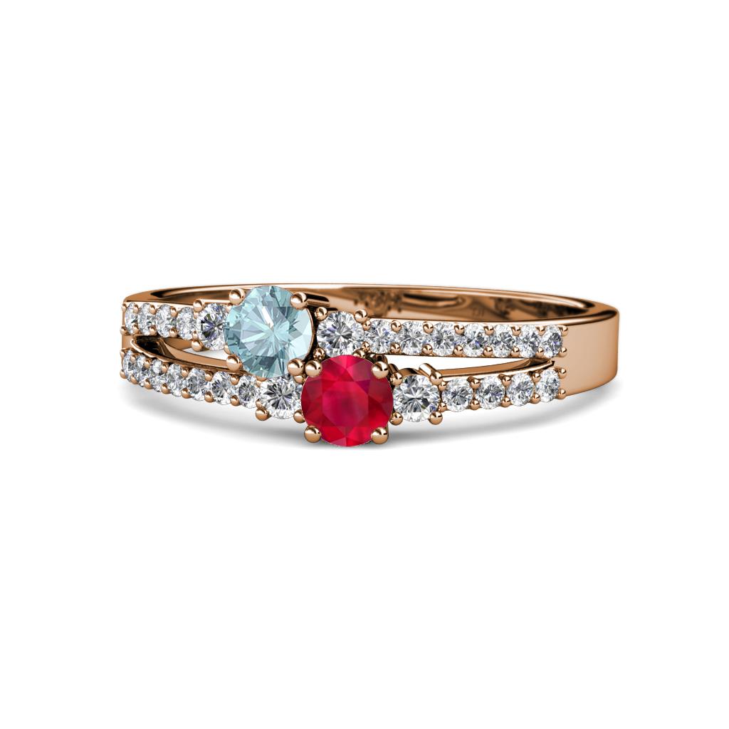 Zaira Aquamarine and Ruby with Side Diamonds Split Shank Ring 