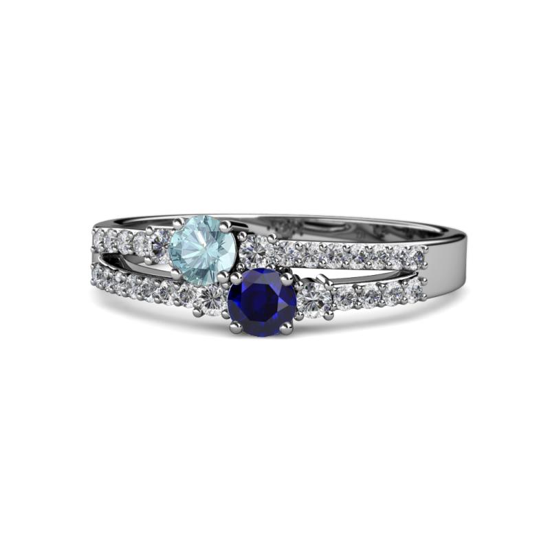 Zaira Aquamarine and Blue Sapphire with Side Diamonds Split Shank Ring 