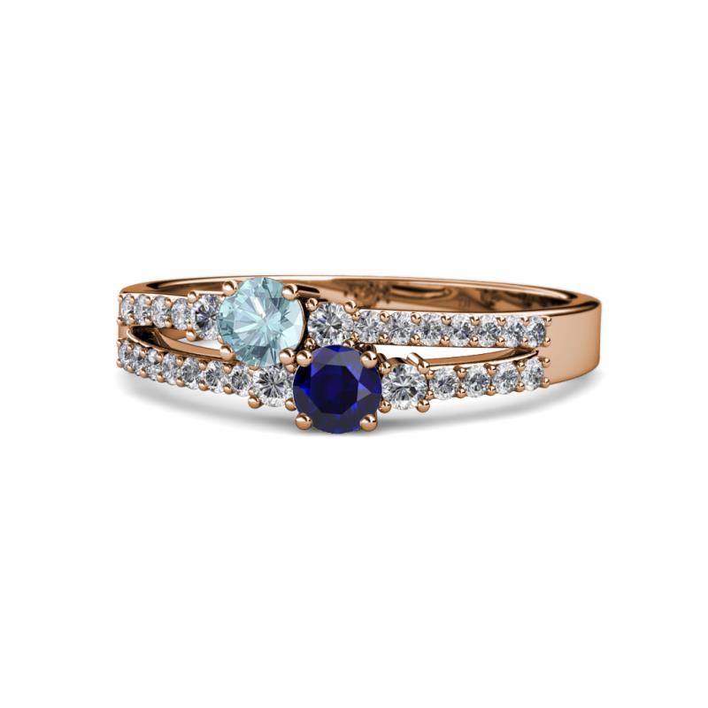 Zaira Aquamarine and Blue Sapphire with Side Diamonds Split Shank Ring 