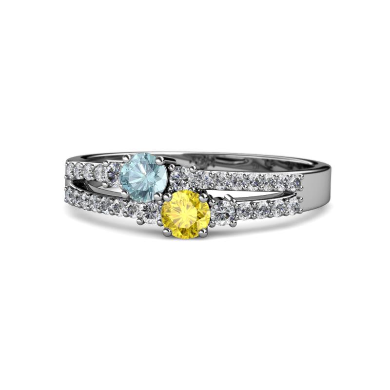 Zaira Aquamarine and Yellow Sapphire with Side Diamonds Split Shank Ring 
