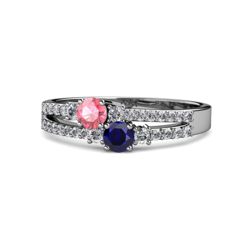 Zaira Pink Tourmaline and Blue Sapphire with Side Diamonds Split Shank Ring 