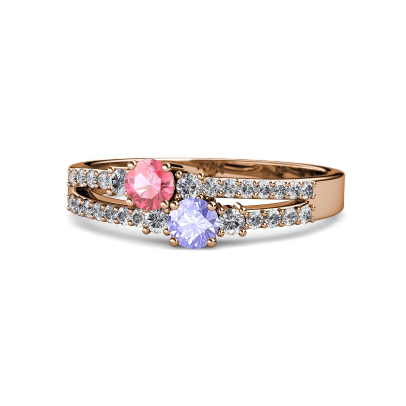 Zaira Pink Tourmaline and Tanzanite with Side Diamonds Split Shank Ring 