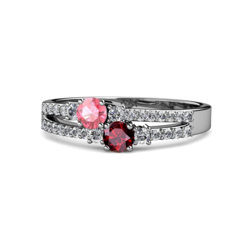 Zaira Pink Tourmaline and Ruby with Side Diamonds Split Shank Ring 
