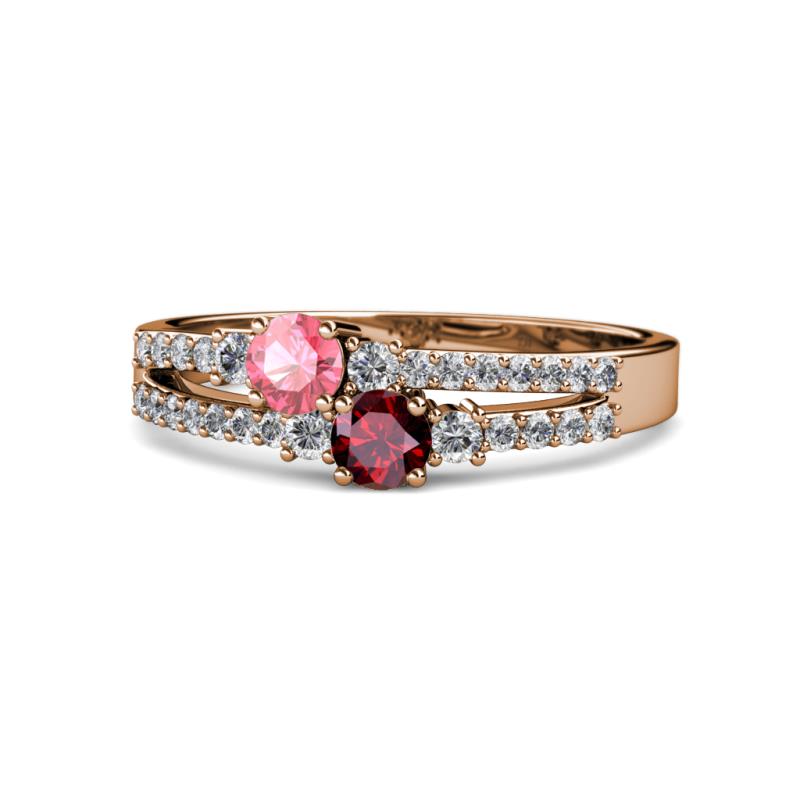 Zaira Pink Tourmaline and Ruby with Side Diamonds Split Shank Ring 