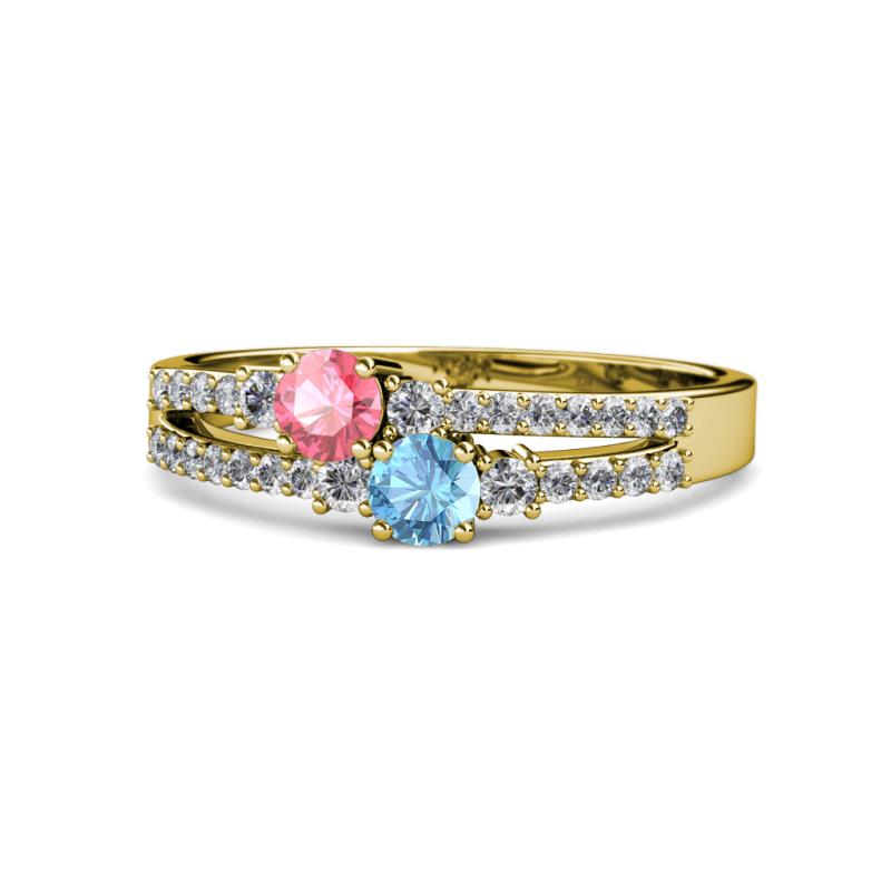 Zaira Pink Tourmaline and Blue Topaz with Side Diamonds Split Shank Ring 